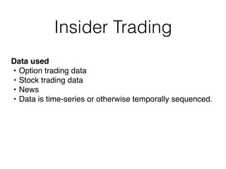 Insider Trading
Data used
• Option trading data
• Stock trading data
• News
• Data is time-series or otherwise temporally sequenced.
 