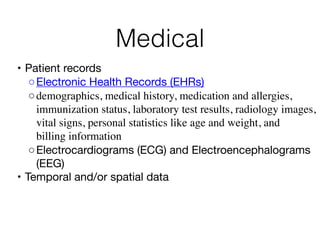 Medical
	•	Patient records
	 ◦	Electronic Health Records (EHRs)
◦demographics, medical history, medication and allergies,
immunization status, laboratory test results, radiology images,
vital signs, personal statistics like age and weight, and
billing information
	 ◦	Electrocardiograms (ECG) and Electroencephalograms
(EEG)
	•	Temporal and/or spatial data 
 