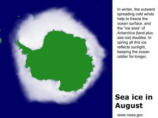 Sea ice in
August
www.noaa.gov
In winter, the outward
spreading cold winds
help to freeze the
ocean surface, and
the “ice area” of
Antarctica (land plus
sea ice) doubles. In
spring all this ice
reflects sunlight,
keeping the ocean
colder for longer.
 