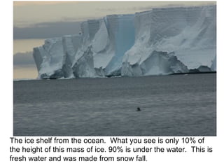 The ice shelf from the ocean. What you see is only 10% of
the height of this mass of ice. 90% is under the water. This is
fresh water and was made from snow fall.
 