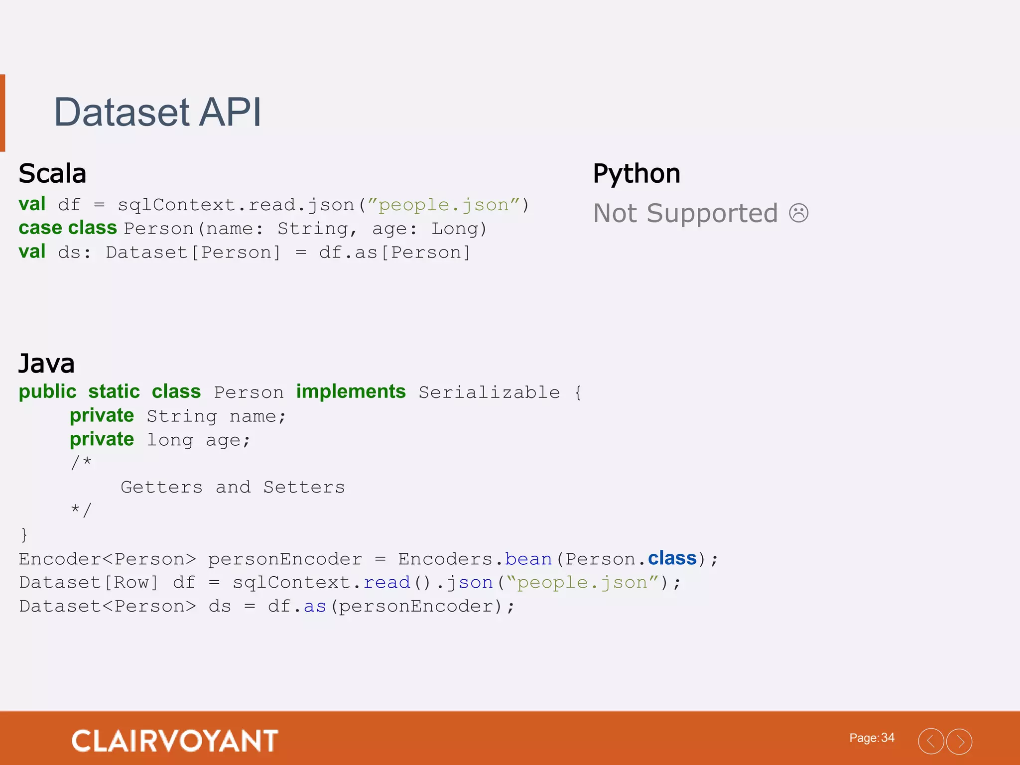 34Page: Dataset API Scala val df = sqlContext.read.json(”people.json”) case class Person(name: String, age: Long) val ds: Dataset[Person] = df.as[Person] Python Not Supported  Java public static class Person implements Serializable { private String name; private long age; /* Getters and Setters */ } Encoder<Person> personEncoder = Encoders.bean(Person.class); Dataset[Row] df = sqlContext.read().json(“people.json”); Dataset<Person> ds = df.as(personEncoder); 