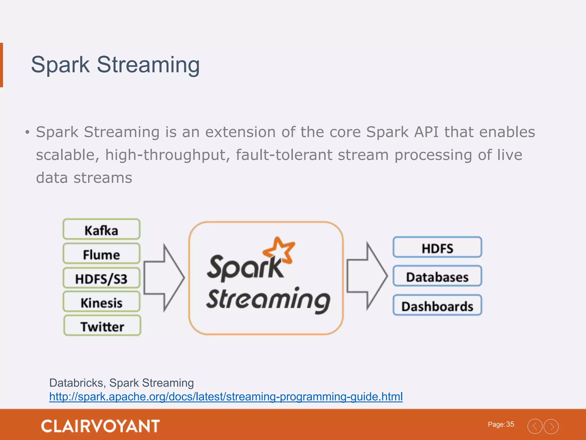 35Page: Spark Streaming • Spark Streaming is an extension of the core Spark API that enables scalable, high-throughput, fault-tolerant stream processing of live data streams Databricks, Spark Streaming http://spark.apache.org/docs/latest/streaming-programming-guide.html 