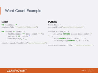17Page:
Word Count Example
Scala
val textFile =
sc.textFile("/path/to/file.txt")
val counts = textFile
.flatMap(line => line.split(" "))
.map(word => (word, 1))
.reduceByKey(_ + _)
counts.saveAsTextFile("/path/to/output")
Python
text_file =
sc.textFile("/path/to/file.txt")
counts = text_file
.flatMap(lambda line: line.split("
"))
.map(lambda word: (word, 1))
.reduceByKey(lambda a, b: a + b)
counts.saveAsTextFile("/path/to/output")
 