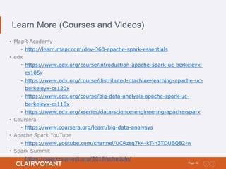 42Page:
Learn More (Courses and Videos)
• MapR Academy
• http://learn.mapr.com/dev-360-apache-spark-essentials
• edx
• https://www.edx.org/course/introduction-apache-spark-uc-berkeleyx-
cs105x
• https://www.edx.org/course/distributed-machine-learning-apache-uc-
berkeleyx-cs120x
• https://www.edx.org/course/big-data-analysis-apache-spark-uc-
berkeleyx-cs110x
• https://www.edx.org/xseries/data-science-engineering-apache-spark
• Coursera
• https://www.coursera.org/learn/big-data-analysys
• Apache Spark YouTube
• https://www.youtube.com/channel/UCRzsq7k4-kT-h3TDUBQ82-w
• Spark Summit
• https://spark-summit.org/2016/schedule/
 