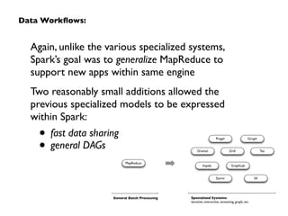 Again, unlike the various specialized systems,
Spark’s goal was to generalize MapReduce to
support new apps within same engine	

Two reasonably small additions allowed the
previous specialized models to be expressed
within Spark:	

• fast data sharing 	

• general DAGs
MapReduce
General Batch Processing
Pregel Giraph
Dremel Drill Tez
Impala GraphLab
Storm S4
Specialized Systems:
iterative, interactive, streaming, graph, etc.
Data Workﬂows:
 