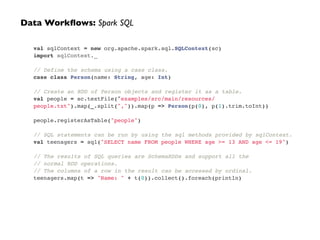 val sqlContext = new org.apache.spark.sql.SQLContext(sc)!
import sqlContext._!
!
// Define the schema using a case class.!
case class Person(name: String, age: Int)!
!
// Create an RDD of Person objects and register it as a table.!
val people = sc.textFile("examples/src/main/resources/
people.txt").map(_.split(",")).map(p => Person(p(0), p(1).trim.toInt))!
!
people.registerAsTable("people")!
!
// SQL statements can be run by using the sql methods provided by sqlContext.!
val teenagers = sql("SELECT name FROM people WHERE age >= 13 AND age <= 19")!
!
// The results of SQL queries are SchemaRDDs and support all the !
// normal RDD operations.!
// The columns of a row in the result can be accessed by ordinal.!
teenagers.map(t => "Name: " + t(0)).collect().foreach(println)
Data Workﬂows: Spark SQL
 