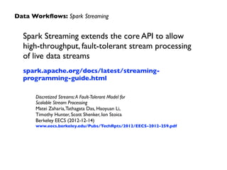 Spark Streaming extends the core API to allow
high-throughput, fault-tolerant stream processing
of live data streams	

spark.apache.org/docs/latest/streaming-
programming-guide.html
Data Workﬂows: Spark Streaming
Discretized Streams:A Fault-Tolerant Model for	

Scalable Stream Processing	

Matei Zaharia,Tathagata Das, Haoyuan Li,  
Timothy Hunter, Scott Shenker, Ion Stoica	

Berkeley EECS (2012-12-14)	

www.eecs.berkeley.edu/Pubs/TechRpts/2012/EECS-2012-259.pdf
 
