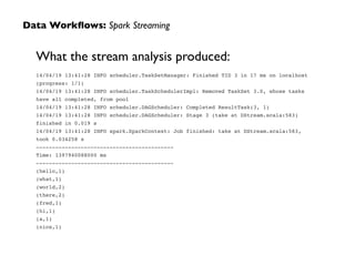 What the stream analysis produced:	

14/04/19 13:41:28 INFO scheduler.TaskSetManager: Finished TID 3 in 17 ms on localhost
(progress: 1/1)!
14/04/19 13:41:28 INFO scheduler.TaskSchedulerImpl: Removed TaskSet 3.0, whose tasks
have all completed, from pool !
14/04/19 13:41:28 INFO scheduler.DAGScheduler: Completed ResultTask(3, 1)!
14/04/19 13:41:28 INFO scheduler.DAGScheduler: Stage 3 (take at DStream.scala:583)
finished in 0.019 s!
14/04/19 13:41:28 INFO spark.SparkContext: Job finished: take at DStream.scala:583,
took 0.034258 s!
-------------------------------------------!
Time: 1397940088000 ms!
-------------------------------------------!
(hello,1)!
(what,1)!
(world,2)!
(there,2)!
(fred,1)!
(hi,1)!
(a,1)!
(nice,1)
Data Workﬂows: Spark Streaming
 