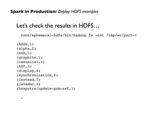 Let’s check the results in HDFS…!
root/ephemeral-hdfs/bin/hadoop fs -cat /tmp/wc/part-* !
!
(Adds,1)!
(alpha,2)!
(ssh,1)!
(graphite,1)!
(canonical,2)!
(ASF,3)!
(display,4)!
(synchronization,2)!
(instead,7)!
(javadoc,1)!
(hsaputra/update-pom-asf,1)!
!
…
Spark in Production: Deploy: HDFS examples
 