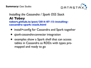 Installing the Cassandra / Spark OSS Stack 
Al Tobey 
tobert.github.io/post/2014-07-15-installing-
cassandra-spark-stack.html	

• install+conﬁg for Cassandra and Spark together	

• spark-cassandra-connector integration	

• examples show a Spark shell that can access
tables in Cassandra as RDDs with types pre-
mapped and ready to go
Summary: Case Studies
 