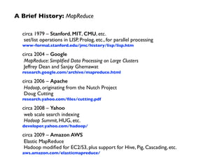 A Brief History: MapReduce
circa 1979 – Stanford, MIT, CMU, etc. 
set/list operations in LISP, Prolog, etc., for parallel processing 
www-formal.stanford.edu/jmc/history/lisp/lisp.htm	

circa 2004 – Google 
MapReduce: Simpliﬁed Data Processing on Large Clusters 
Jeffrey Dean and Sanjay Ghemawat 
research.google.com/archive/mapreduce.html	

circa 2006 – Apache 
Hadoop, originating from the Nutch Project 
Doug Cutting 
research.yahoo.com/ﬁles/cutting.pdf	

circa 2008 – Yahoo 
web scale search indexing 
Hadoop Summit, HUG, etc. 
developer.yahoo.com/hadoop/	

circa 2009 – Amazon AWS 
Elastic MapReduce 
Hadoop modiﬁed for EC2/S3, plus support for Hive, Pig, Cascading, etc. 
aws.amazon.com/elasticmapreduce/
 
