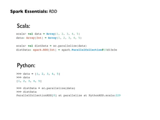 scala> val data = Array(1, 2, 3, 4, 5)!
data: Array[Int] = Array(1, 2, 3, 4, 5)!
!
scala> val distData = sc.parallelize(data)!
distData: spark.RDD[Int] = spark.ParallelCollection@10d13e3e
Spark Essentials: RDD
>>> data = [1, 2, 3, 4, 5]!
>>> data!
[1, 2, 3, 4, 5]!
!
>>> distData = sc.parallelize(data)!
>>> distData!
ParallelCollectionRDD[0] at parallelize at PythonRDD.scala:229
Scala:
Python:
 