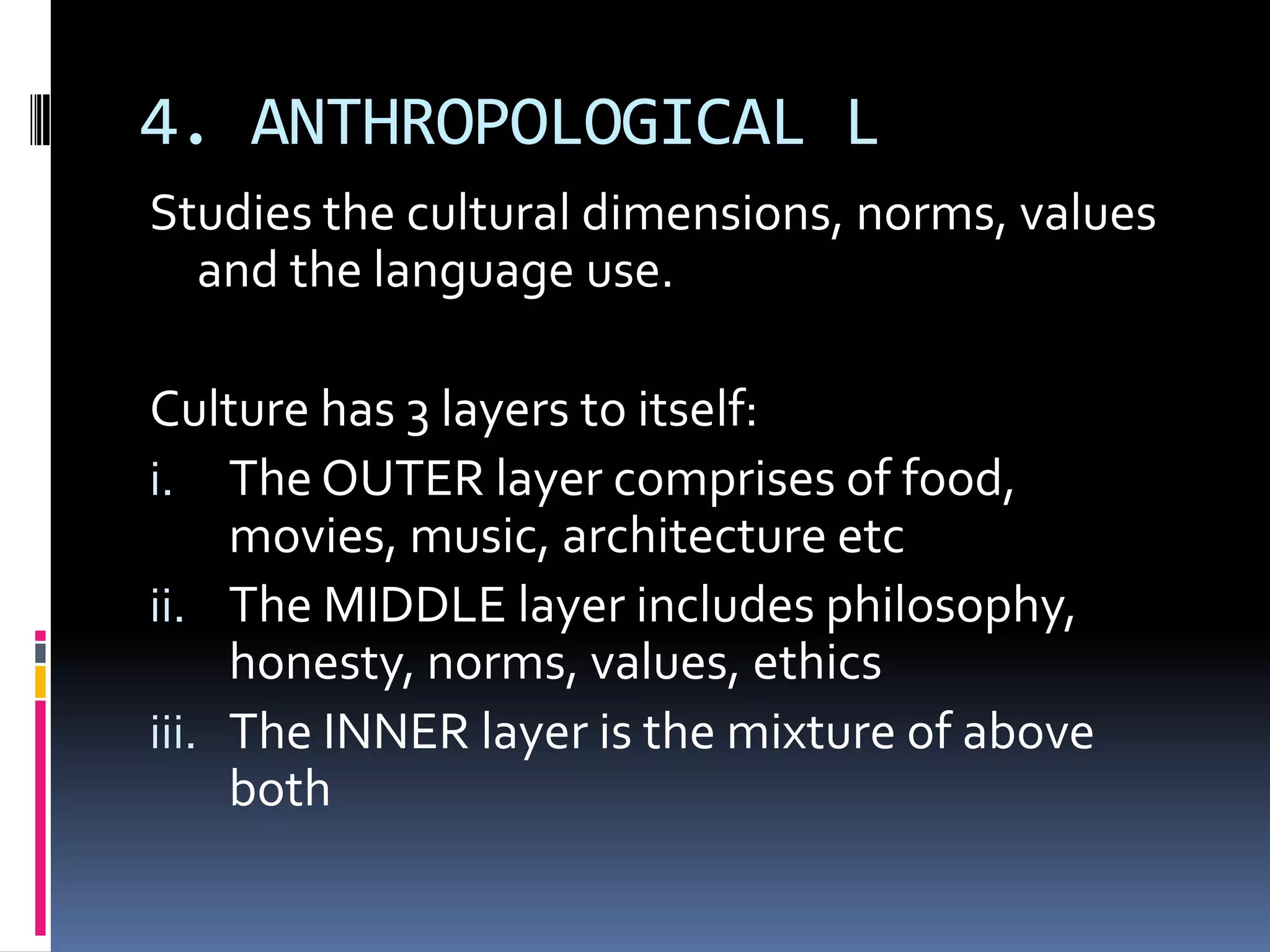 4. ANTHROPOLOGICAL L
Studies the cultural dimensions, norms, values
  and the language use.

Culture has 3 layers to itself:
i. The OUTER layer comprises of food,
     movies, music, architecture etc
ii. The MIDDLE layer includes philosophy,
     honesty, norms, values, ethics
iii. The INNER layer is the mixture of above
     both
 