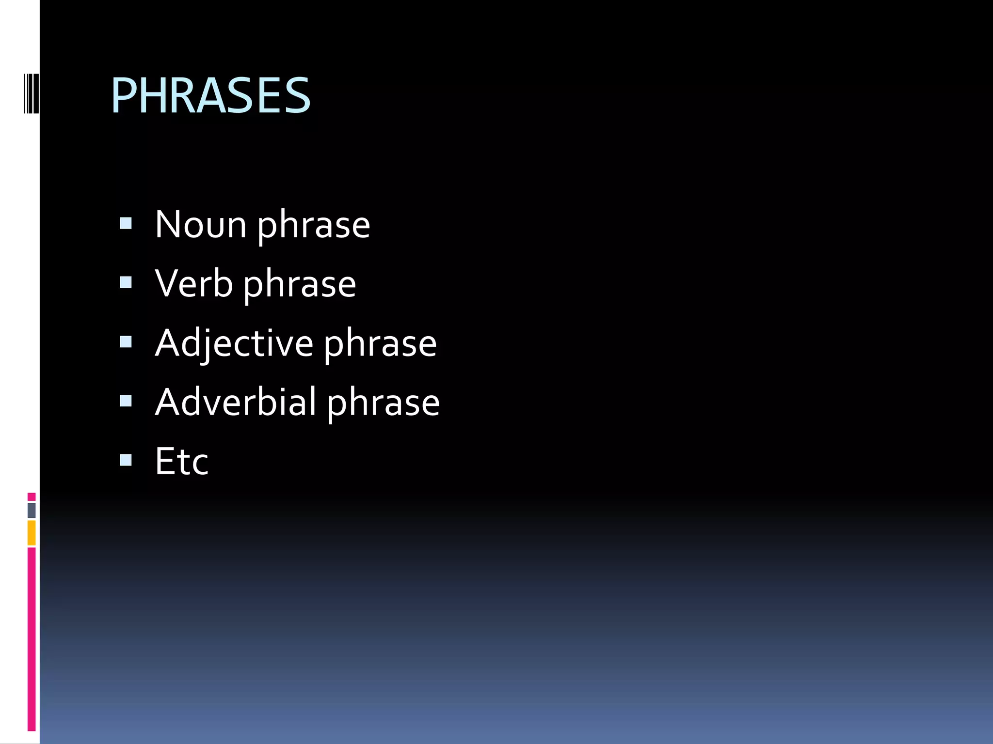 PHRASES

 Noun phrase
 Verb phrase
 Adjective phrase
 Adverbial phrase
 Etc
 