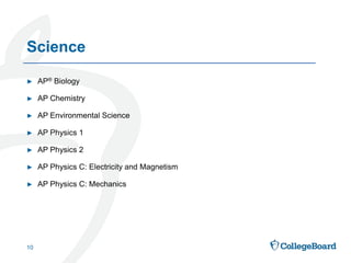 ► AP® Biology
► AP Chemistry
► AP Environmental Science
► AP Physics 1
► AP Physics 2
► AP Physics C: Electricity and Magnetism
► AP Physics C: Mechanics
10
Science
 