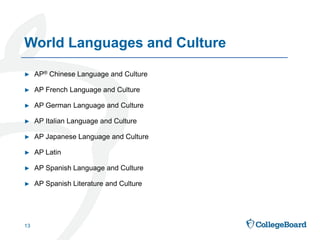 ► AP® Chinese Language and Culture
► AP French Language and Culture
► AP German Language and Culture
► AP Italian Language and Culture
► AP Japanese Language and Culture
► AP Latin
► AP Spanish Language and Culture
► AP Spanish Literature and Culture
13
World Languages and Culture
 