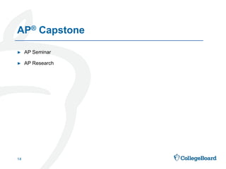 ► AP Seminar
► AP Research
14
AP® Capstone
 