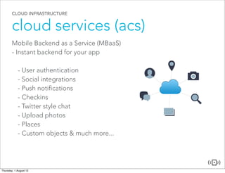 CLOUD INFRASTRUCTURE
cloud services (acs)
Mobile Backend as a Service (MBaaS)
- Instant backend for your app
- User authentication
- Social integrations
- Push notifications
- Checkins
- Twitter style chat
- Upload photos
- Places
- Custom objects & much more...
 