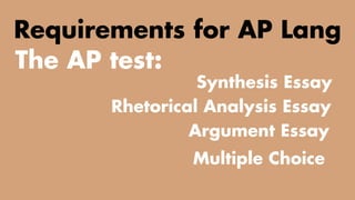 TWO CLASSES COMBINED INTO ONE
Requirements for AP Lang
The AP test:
Synthesis Essay
Argument Essay
Rhetorical Analysis Essay
Multiple Choice
 