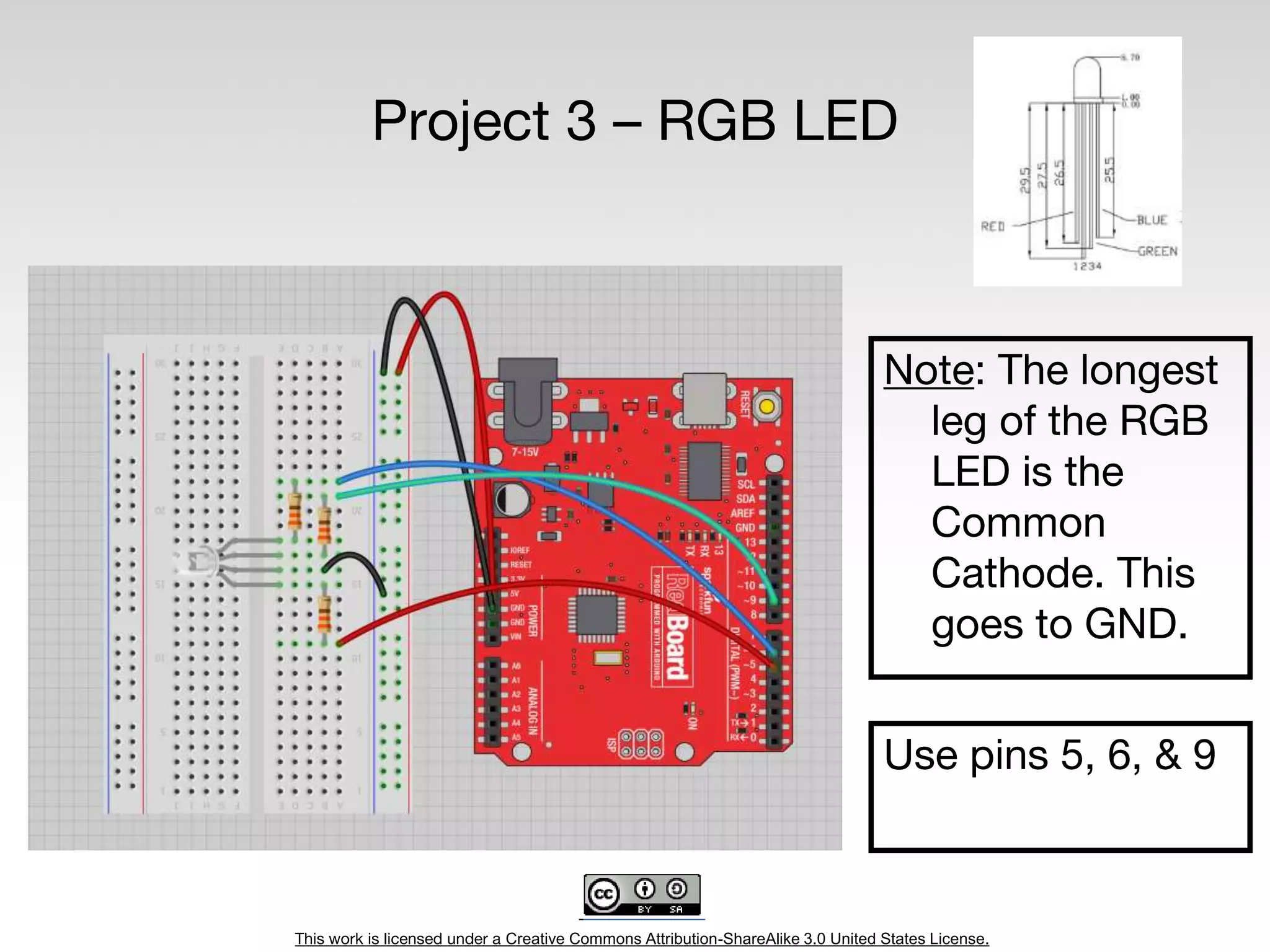This work is licensed under a Creative Commons Attribution-ShareAlike 3.0 United States License.
Project 3 – RGB LED
Note: The longest
leg of the RGB
LED is the
Common
Cathode. This
goes to GND.
Use pins 5, 6, & 9
 