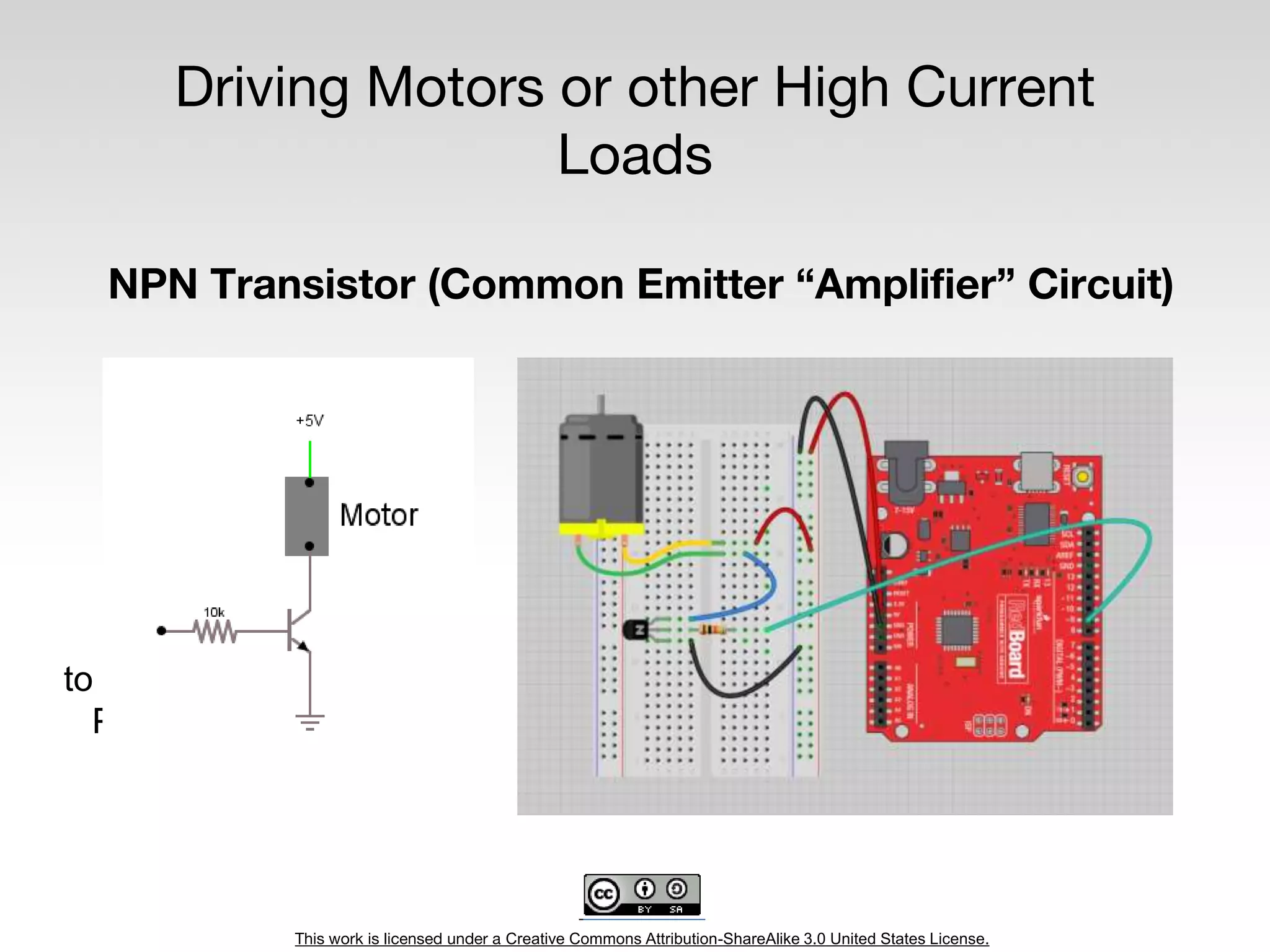 This work is licensed under a Creative Commons Attribution-ShareAlike 3.0 United States License.
Driving Motors or other High Current
Loads
NPN Transistor (Common Emitter “Amplifier” Circuit)
to Digital
Pin 9
 