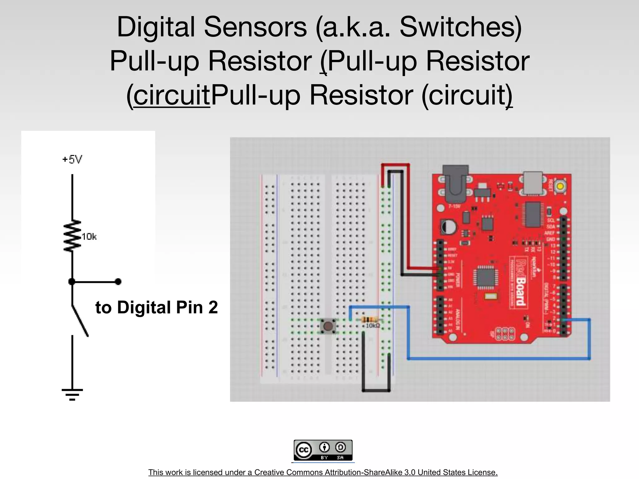 This work is licensed under a Creative Commons Attribution-ShareAlike 3.0 United States License.
Digital Sensors (a.k.a. Switches)
Pull-up Resistor (Pull-up Resistor
(circuitPull-up Resistor (circuit)
to Digital Pin 2
 
