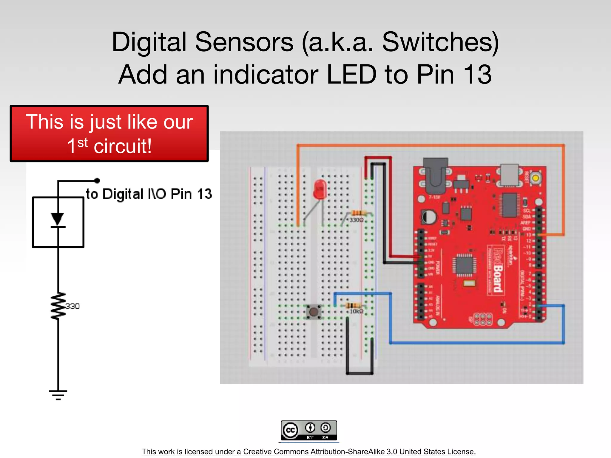 This work is licensed under a Creative Commons Attribution-ShareAlike 3.0 United States License.
Digital Sensors (a.k.a. Switches)
Add an indicator LED to Pin 13
This is just like our
1st circuit!
 