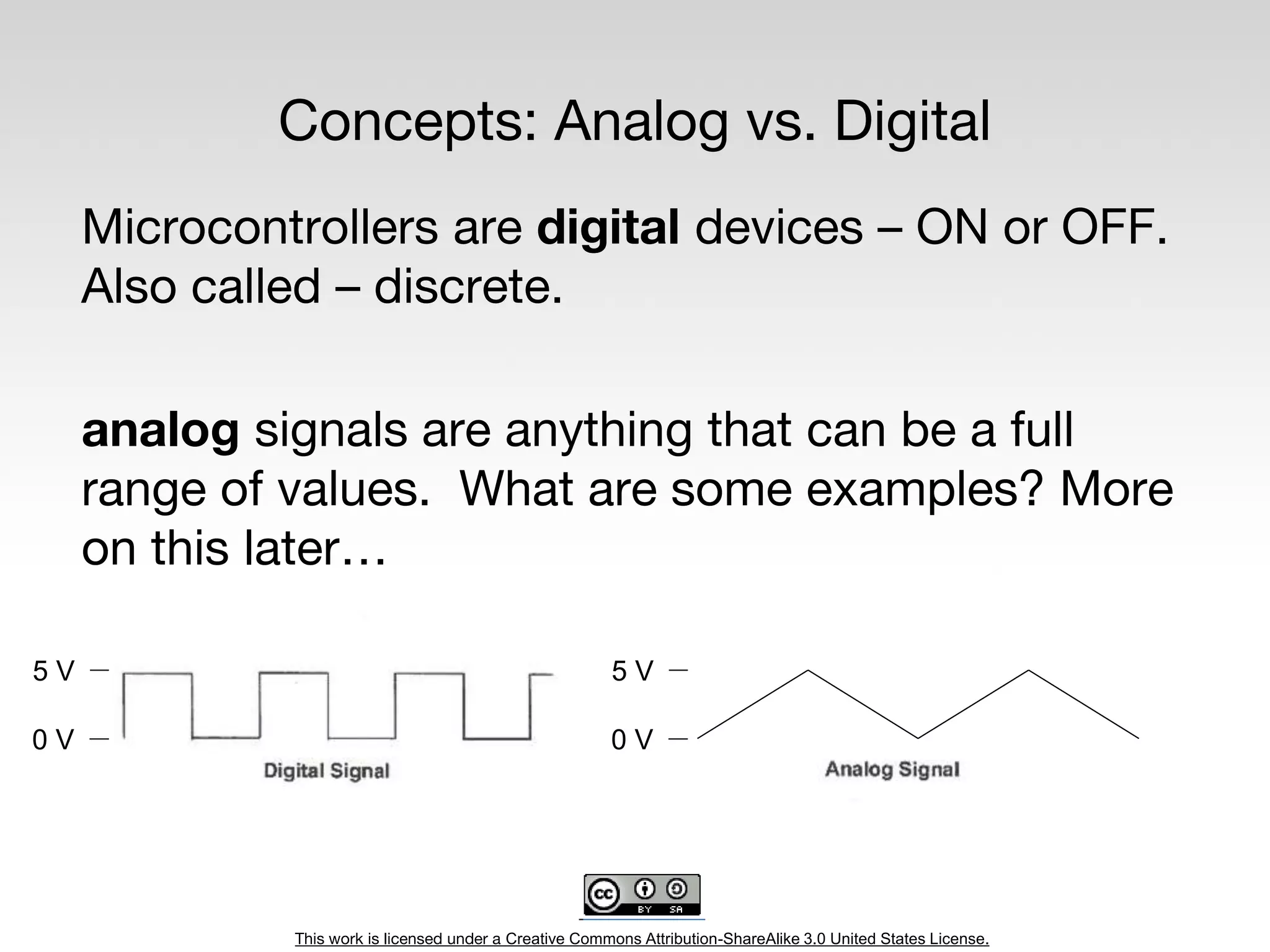 This work is licensed under a Creative Commons Attribution-ShareAlike 3.0 United States License.
Concepts: Analog vs. Digital
Microcontrollers are digital devices – ON or OFF.
Also called – discrete.
analog signals are anything that can be a full
range of values. What are some examples? More
on this later…
5 V
0 V
5 V
0 V
 