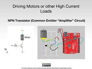 This work is licensed under a Creative Commons Attribution-ShareAlike 3.0 United States License.
Driving Motors or other High Current
Loads
NPN Transistor (Common Emitter “Amplifier” Circuit)
to Digital
Pin 9
 