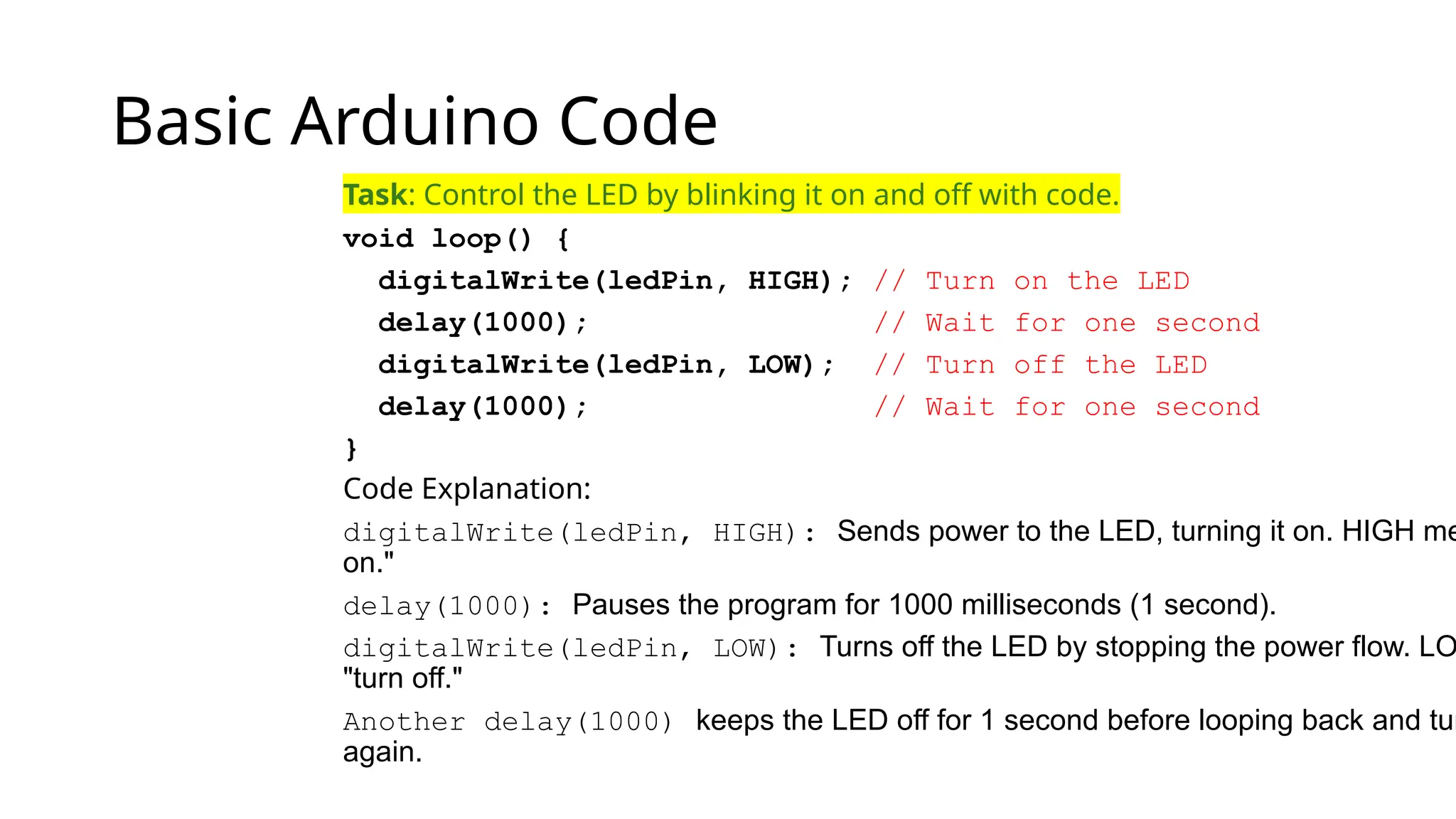 Basic Arduino Code Task: Control the LED by blinking it on and off with code. void loop() { digitalWrite(ledPin, HIGH); // Turn on the LED delay(1000); // Wait for one second digitalWrite(ledPin, LOW); // Turn off the LED delay(1000); // Wait for one second } Code Explanation: digitalWrite(ledPin, HIGH): Sends power to the LED, turning it on. HIGH me on." delay(1000): Pauses the program for 1000 milliseconds (1 second). digitalWrite(ledPin, LOW): Turns off the LED by stopping the power flow. LO "turn off." Another delay(1000) keeps the LED off for 1 second before looping back and tur again. 