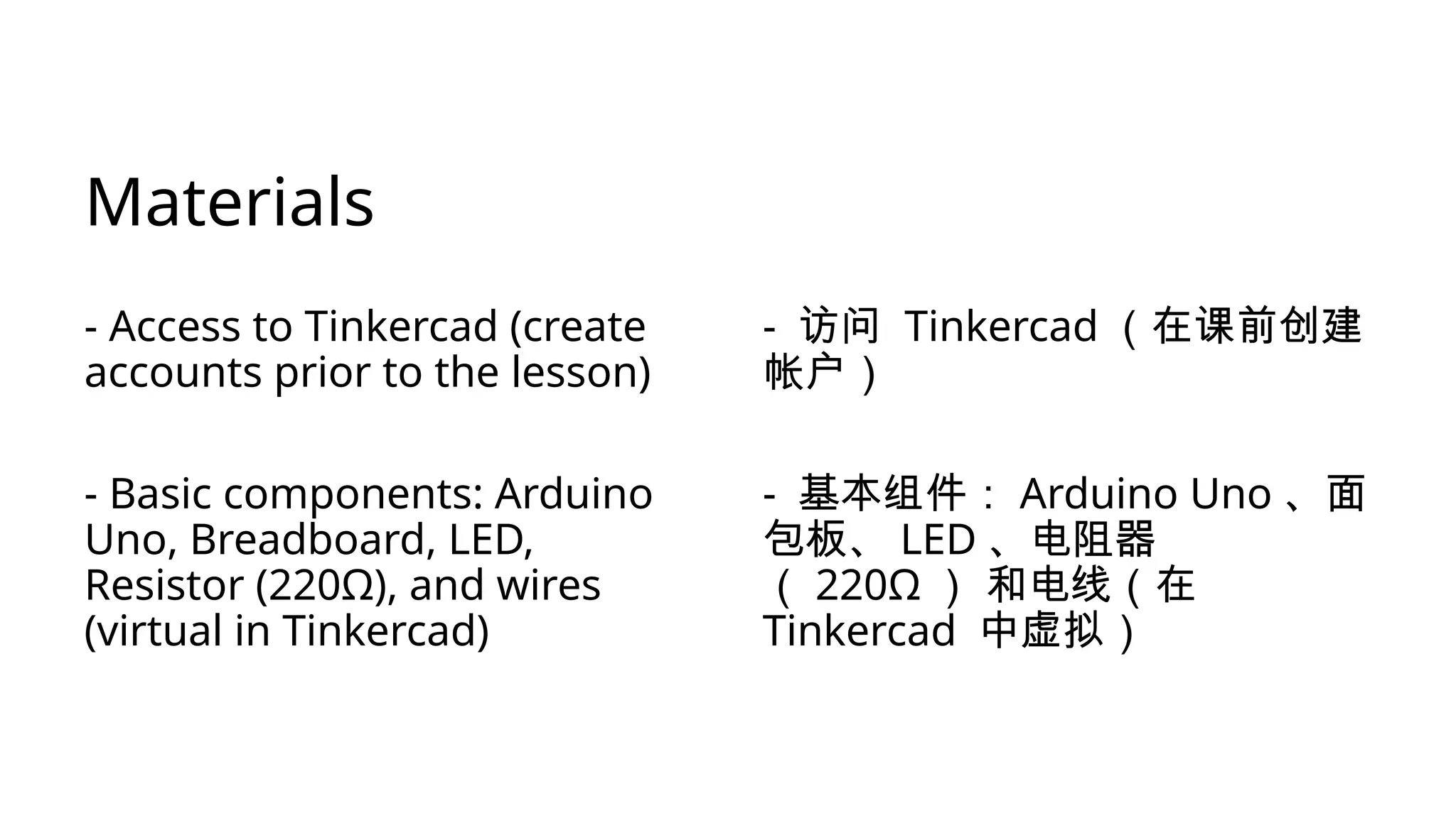Materials - Access to Tinkercad (create accounts prior to the lesson) - Basic components: Arduino Uno, Breadboard, LED, Resistor (220Ω), and wires (virtual in Tinkercad) - 访问 Tinkercad （在课前创建 帐户） - 基本组件： Arduino Uno 、面 包板、 LED 、电阻器 （ 220Ω ） 和电线（在 Tinkercad 中虚拟） 