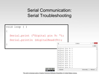 This work is licensed under a Creative Commons Attribution-ShareAlike 3.0 United States License.
Serial Communication:
Serial Troubleshooting
void loop ( )
{
Serial.print (“Digital pin 9: “);
Serial.println (digitalRead(9));
}
 