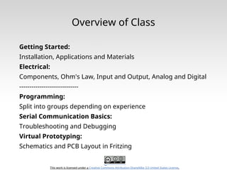 This work is licensed under a Creative Commons Attribution-ShareAlike 3.0 United States License.
Overview of Class
Getting Started:
Installation, Applications and Materials
Electrical:
Components, Ohm's Law, Input and Output, Analog and Digital
-----------------------------
Programming:
Split into groups depending on experience
Serial Communication Basics:
Troubleshooting and Debugging
Virtual Prototyping:
Schematics and PCB Layout in Fritzing
 