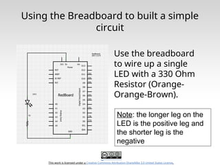 This work is licensed under a Creative Commons Attribution-ShareAlike 3.0 United States License.
Using the Breadboard to built a simple
circuit
Use the breadboard
to wire up a single
LED with a 330 Ohm
Resistor (Orange-
Orange-Brown).
Note: the longer leg on the
LED is the positive leg and
the shorter leg is the
negative
 