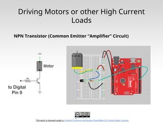 This work is licensed under a Creative Commons Attribution-ShareAlike 3.0 United States License.
Driving Motors or other High Current
Loads
NPN Transistor (Common Emitter “Amplifier” Circuit)
to Digital
Pin 9
 