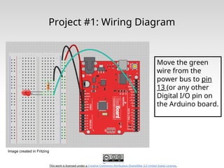 This work is licensed under a Creative Commons Attribution-ShareAlike 3.0 United States License.
Project #1: Wiring Diagram
Move the green
wire from the
power bus to pin
13 (or any other
Digital I/O pin on
the Arduino board.
Image created in Fritzing
 