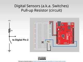 This work is licensed under a Creative Commons Attribution-ShareAlike 3.0 United States License.
Digital Sensors (a.k.a. Switches)
Pull-up Resistor (circuit)
to Digital Pin 2
 