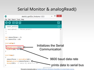 This work is licensed under a Creative Commons Attribution-ShareAlike 3.0 United States License.
Serial Monitor & analogRead()
Initializes the Serial
Communication
9600 baud data rate
prints data to serial bus
 