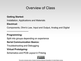 This work is licensed under a Creative Commons Attribution-ShareAlike 3.0 United States License.
Overview of Class
Getting Started:
Installation, Applications and Materials
Electrical:
Components, Ohm's Law, Input and Output, Analog and Digital
-----------------------------
Programming:
Split into groups depending on experience
Serial Communication Basics:
Troubleshooting and Debugging
Virtual Prototyping:
Schematics and PCB Layout in Fritzing
 