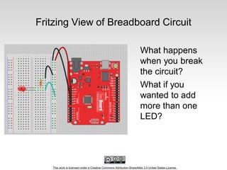 This work is licensed under a Creative Commons Attribution-ShareAlike 3.0 United States License.
Fritzing View of Breadboard Circuit
What happens
when you break
the circuit?
What if you
wanted to add
more than one
LED?
 