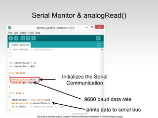 This work is licensed under a Creative Commons Attribution-ShareAlike 3.0 United States License.
Serial Monitor & analogRead()
Initializes the Serial
Communication
9600 baud data rate
prints data to serial bus
 