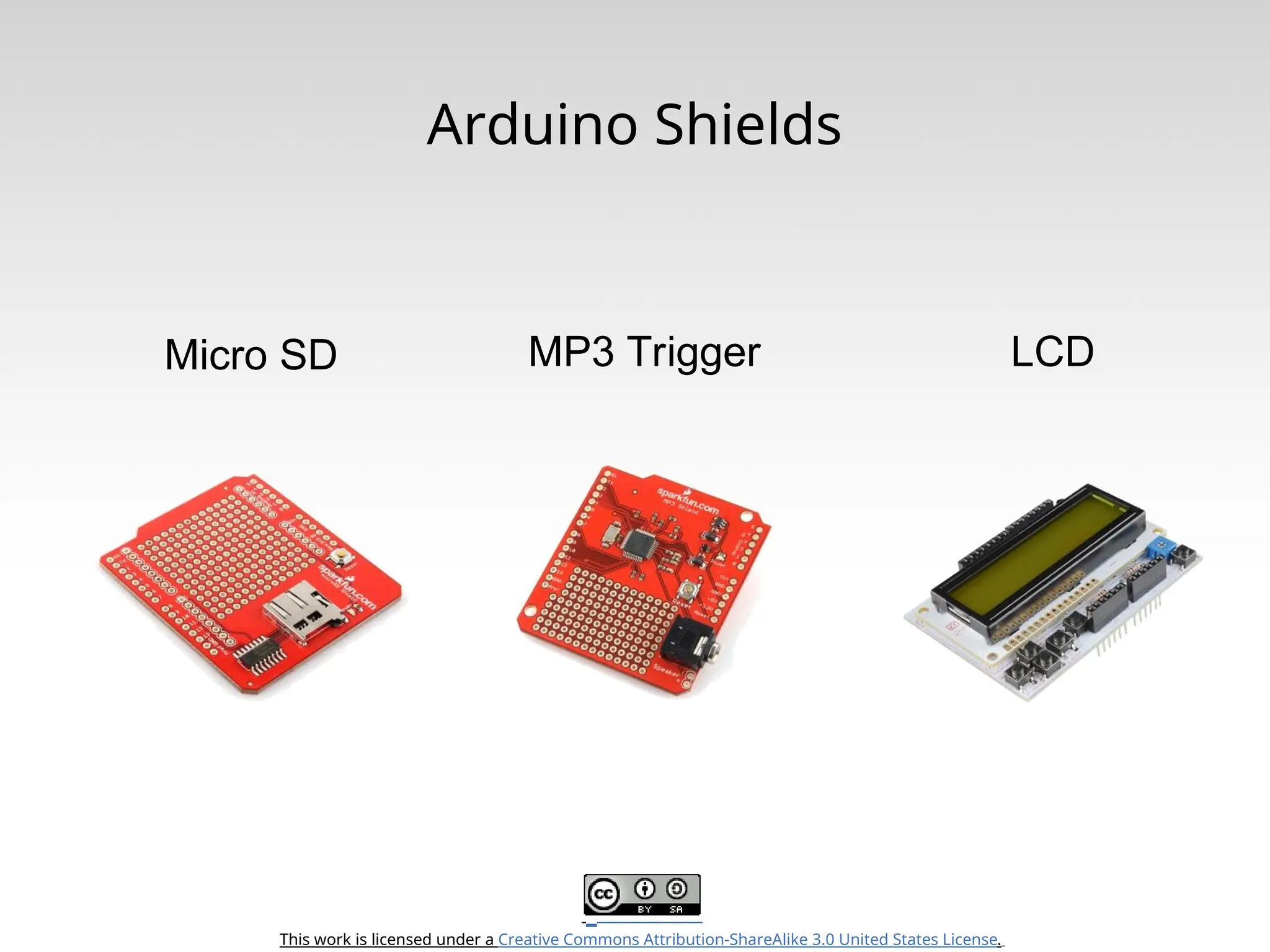 This work is licensed under a Creative Commons Attribution-ShareAlike 3.0 United States License. Arduino Shields Micro SD MP3 Trigger LCD 