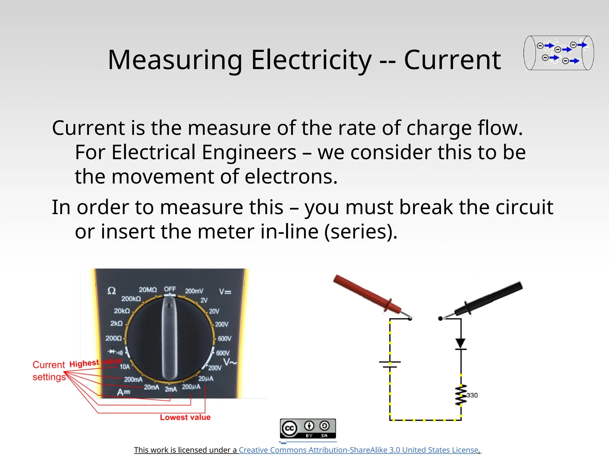 This work is licensed under a Creative Commons Attribution-ShareAlike 3.0 United States License. Measuring Electricity -- Current Current is the measure of the rate of charge flow. For Electrical Engineers – we consider this to be the movement of electrons. In order to measure this – you must break the circuit or insert the meter in-line (series). 