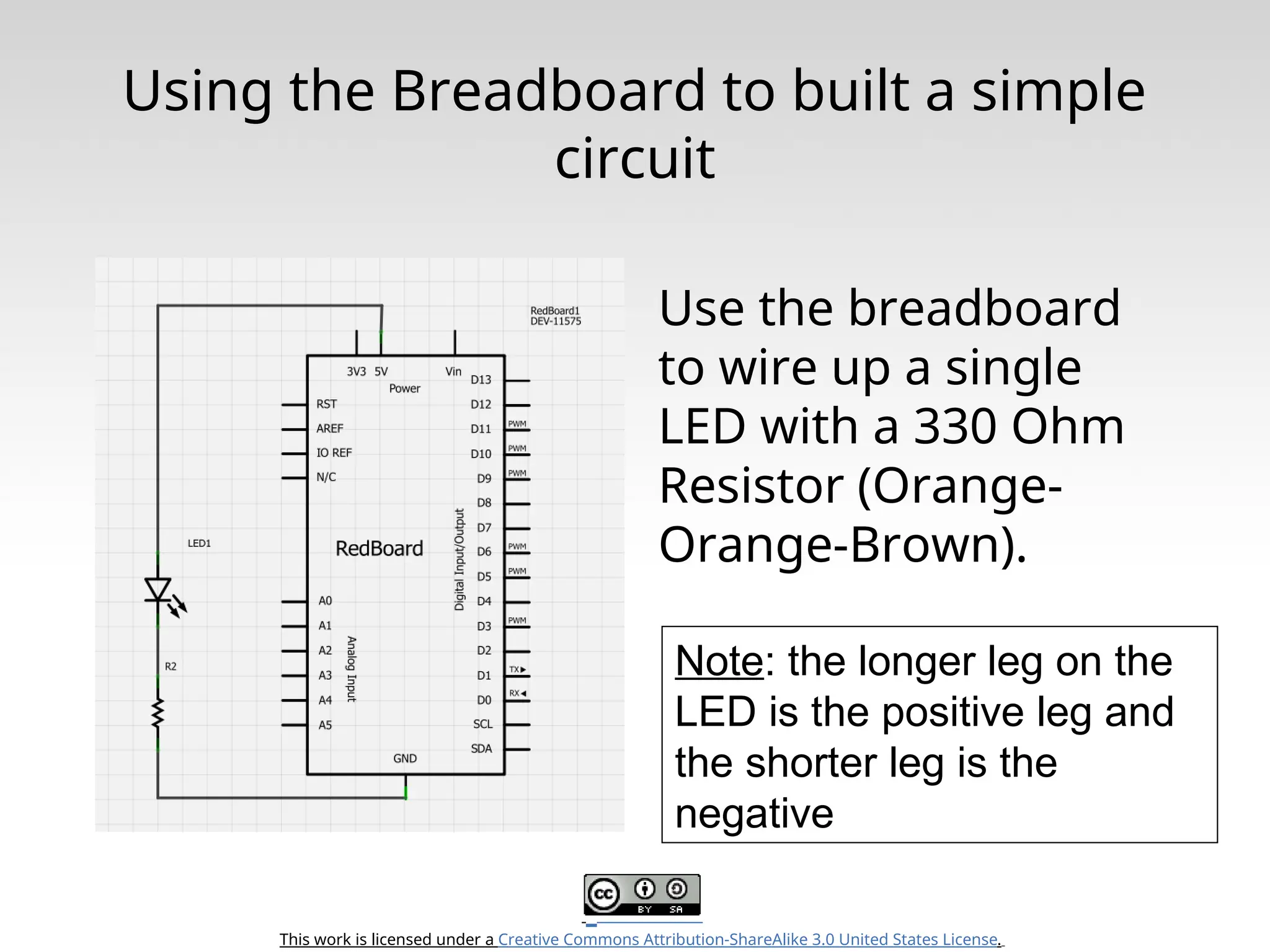 This work is licensed under a Creative Commons Attribution-ShareAlike 3.0 United States License. Using the Breadboard to built a simple circuit Use the breadboard to wire up a single LED with a 330 Ohm Resistor (Orange- Orange-Brown). Note: the longer leg on the LED is the positive leg and the shorter leg is the negative 