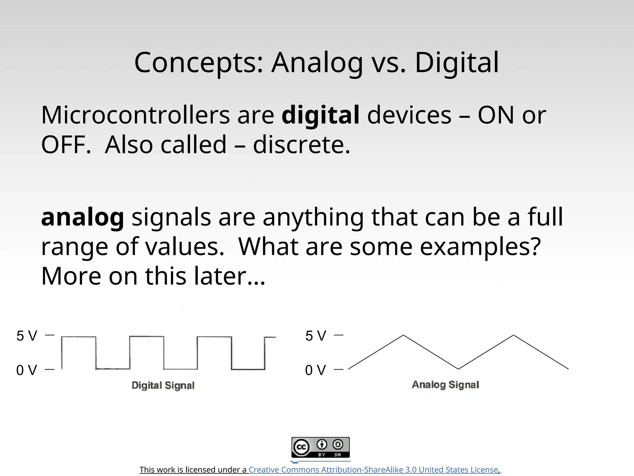 This work is licensed under a Creative Commons Attribution-ShareAlike 3.0 United States License. Concepts: Analog vs. Digital Microcontrollers are digital devices – ON or OFF. Also called – discrete. analog signals are anything that can be a full range of values. What are some examples? More on this later… 5 V 0 V 5 V 0 V 