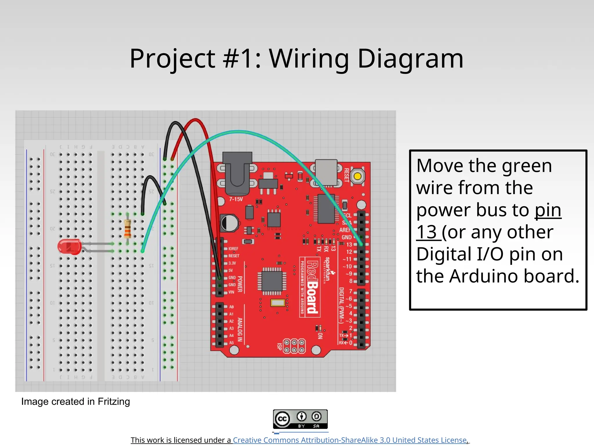 This work is licensed under a Creative Commons Attribution-ShareAlike 3.0 United States License. Project #1: Wiring Diagram Move the green wire from the power bus to pin 13 (or any other Digital I/O pin on the Arduino board. Image created in Fritzing 