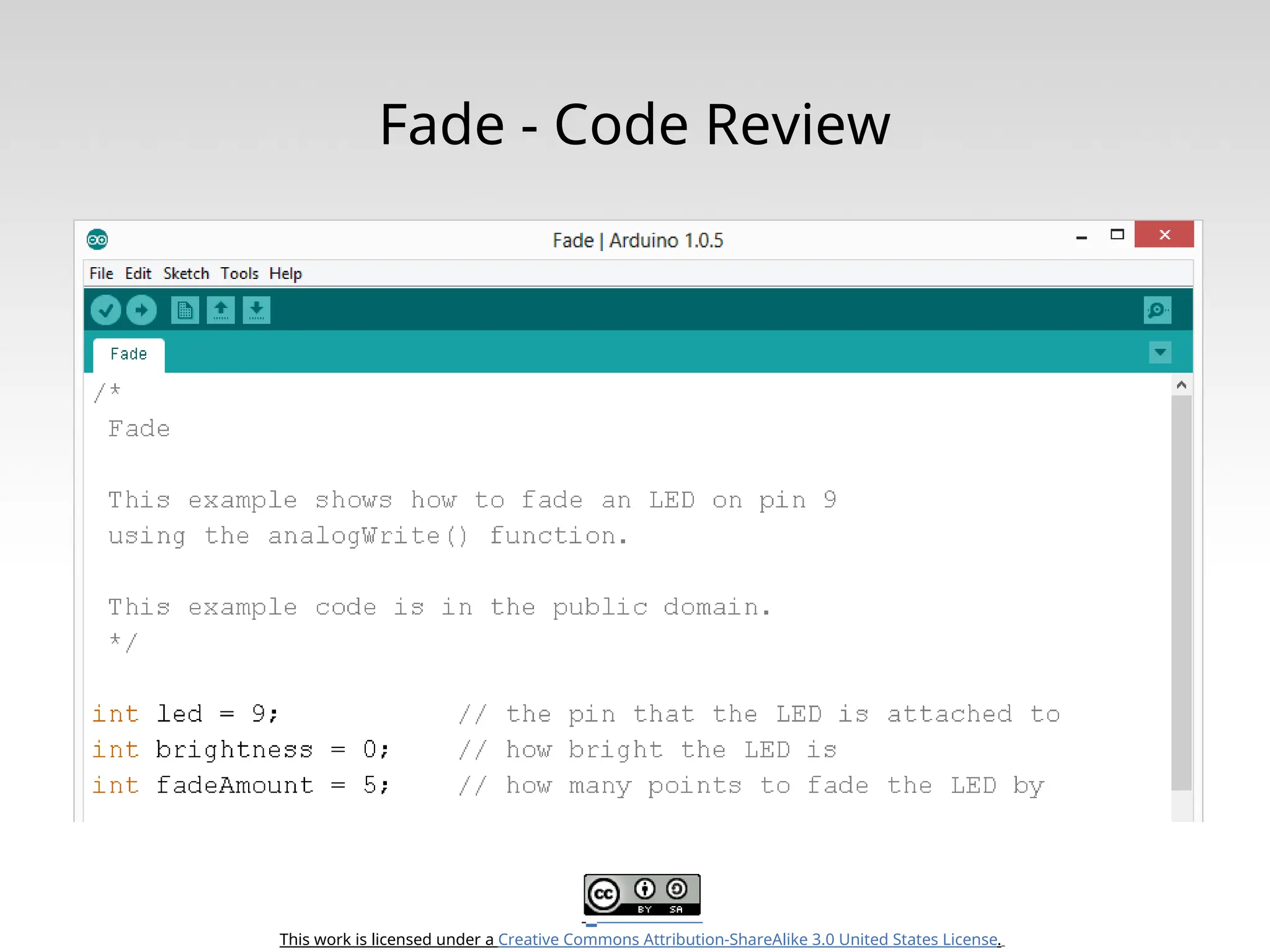 This work is licensed under a Creative Commons Attribution-ShareAlike 3.0 United States License. Fade - Code Review 