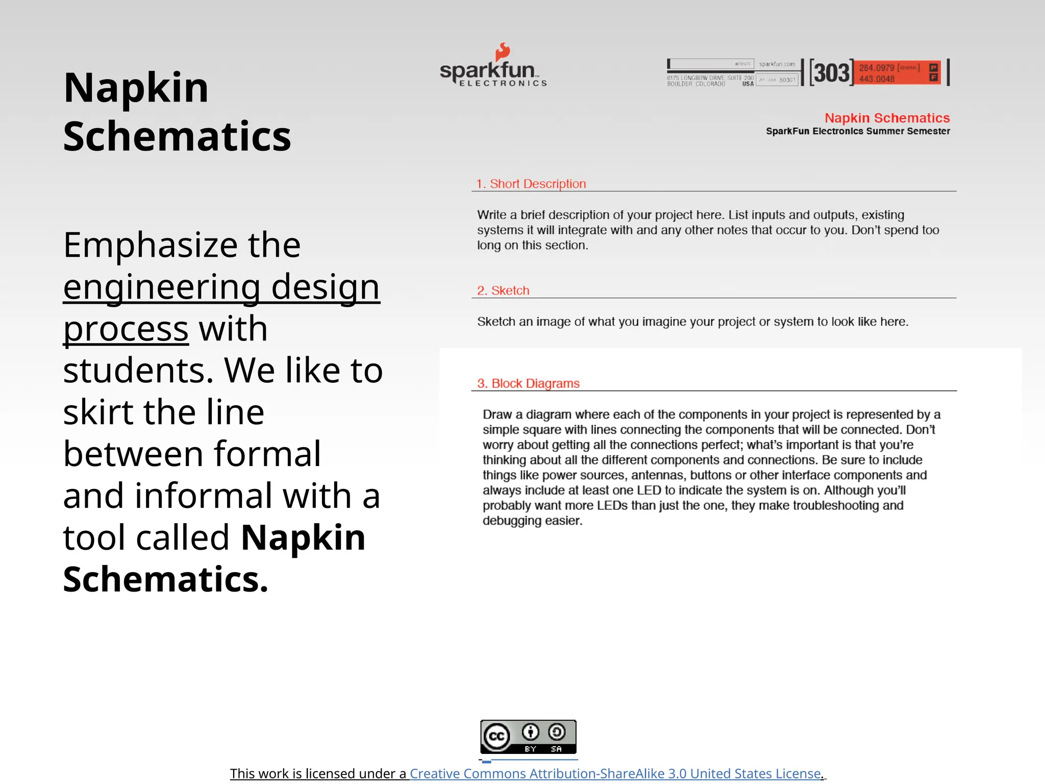 This work is licensed under a Creative Commons Attribution-ShareAlike 3.0 United States License. Napkin Schematics Emphasize the engineering design process with students. We like to skirt the line between formal and informal with a tool called Napkin Schematics. 