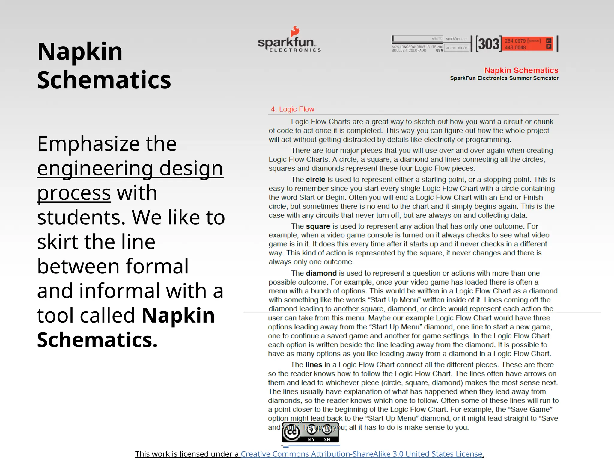 This work is licensed under a Creative Commons Attribution-ShareAlike 3.0 United States License. Napkin Schematics Emphasize the engineering design process with students. We like to skirt the line between formal and informal with a tool called Napkin Schematics. 