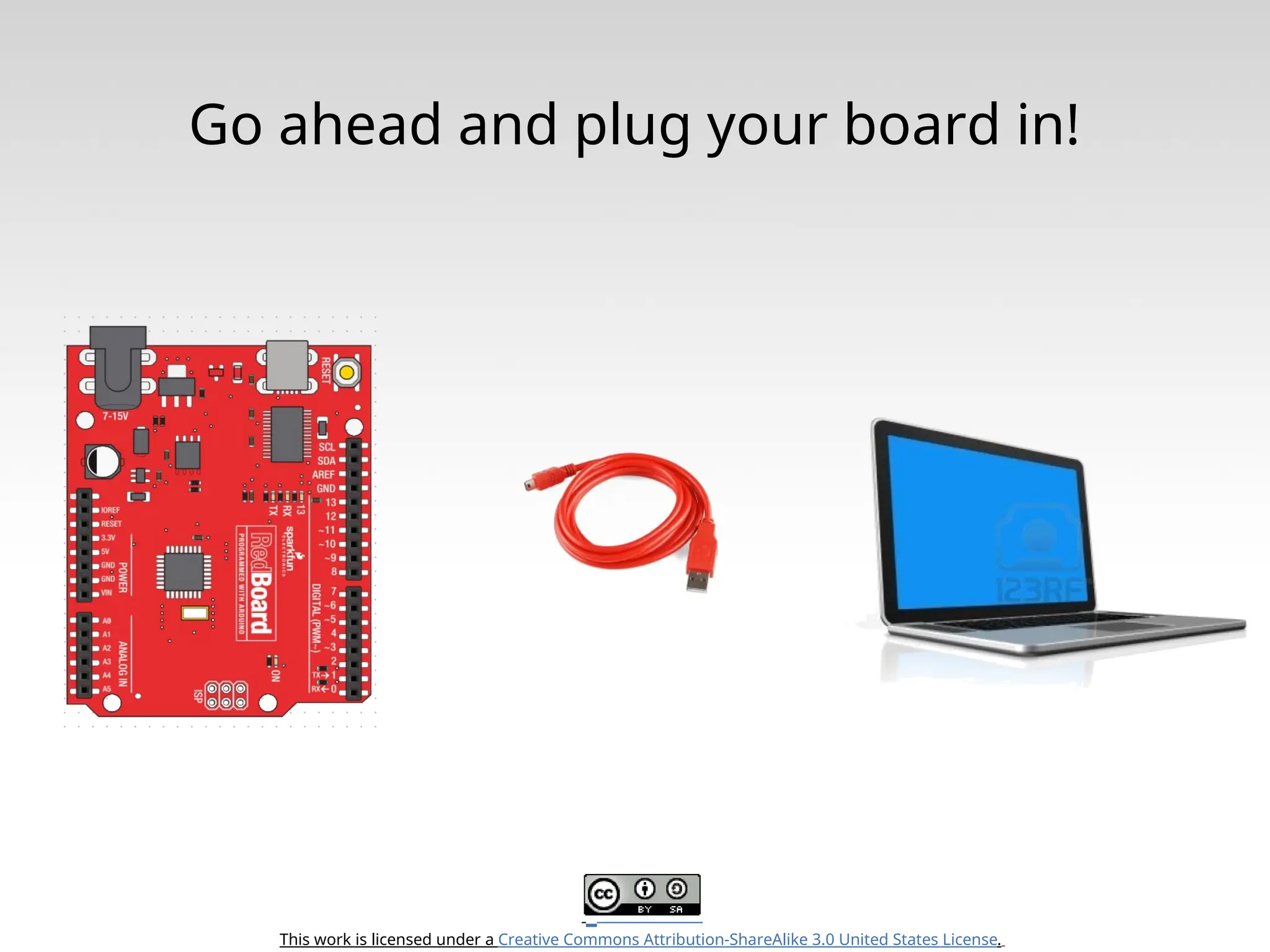 This work is licensed under a Creative Commons Attribution-ShareAlike 3.0 United States License. Go ahead and plug your board in! 